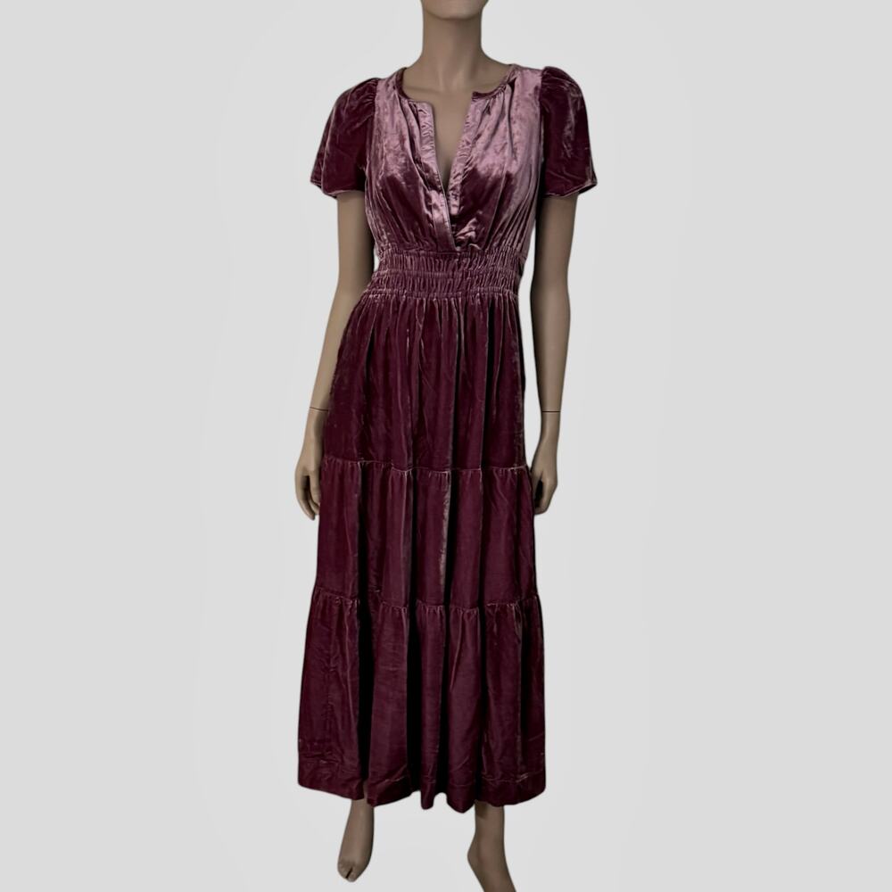 Anthropologie Somerset Velvet Maxi Dress XS Mauve Rose Pink Smocked Boho NWT - Picture 2 of 8